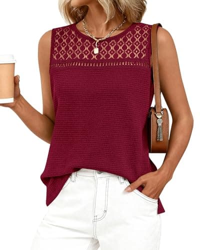 BTFBM Tank Top for Women 2026 Sleeveless Shirts Waffle Knit Vest Crew Neck Casual Outfits Loose Blouses Summer Tops(Burgundy, XX-Large) - Image 1