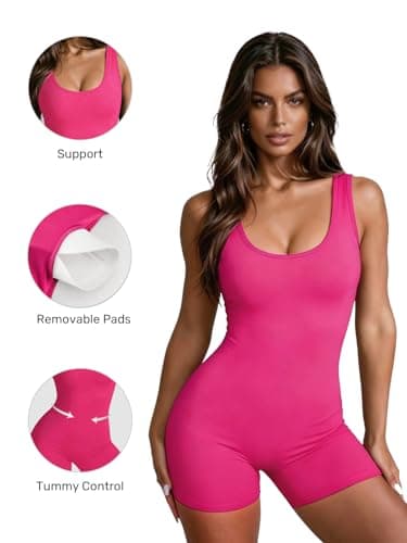 speerise One Piece Workout Jumpsuits for Women Backless Scrunch Gym Romper Sexy Sleeveless V Back Yoga Bodysuit, HotPink, Small - Thumbnail 2