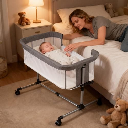 Cheermomo Baby Bassinet, 2 in 1 Bassinet Bedside Sleeper with Wheels, Stable and Secure Bedside Bassinets for Newborn Infant, 5 Height Adjustable Baby Crib, Breathable Full Mesh & Mattress, Grey