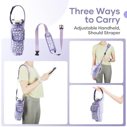 Carrier Bag with Phone&Flap Pockets for Stanley 40/30oz Tumbler with Handle, Insulated Neoprene Cup Holder Carrier Bag w/Shoulder & Handheld Strap Fits Stanley Cup Accessories (Purple Daisy, 40oz) - Thumbnail 2
