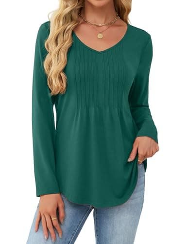 JUSTFASHIONNOW Shirts for Women Trendy Long Sleeve Tops V Neck Dressy Blouses Pleated Maternity Shirt Tunics Early Fall Fashion Christmas (Dark Green, Large) - Image 1
