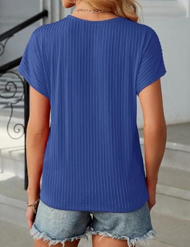 JUSTFASHIONNOW Short Sleeve Blouses for Women Business Casual Shirts Crew Work Tops Neck Basic Tees Textured Cute Office Outfits(Blue,S) - Thumbnail 4