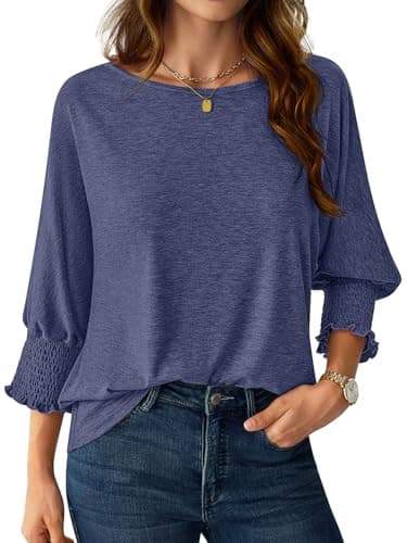 NORACORA Blouses for Women Dressy Casual 3/4 Length Sleeve Womens Tops Smocked Cuffs Trendy Summer Spring Fall Casual Shirts Navy Blue XS - Image 1