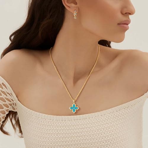 Fettero Dainty Gold Necklace for Women - Double Sided Pendant Necklace 14K Gold Plated Charm Clover Necklace Gold Plated Jewelry -Turquoise - Thumbnail 3