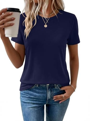 Women's T Shirt Cotton Short Sleeve T-Shirts Crewneck Basic Solid Color Tee Loose Fit Shirts Breathable Comfy Summer Tops for Women 2026 Navy - Image 1