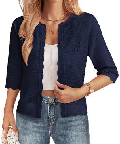 GRACE KARIN Womens Short Sleeve Cardigan Sweater, Lightweight Summer Cardigan Trendy, Dressy Casual Crochet Bolero Shrugs Navy - Image 1