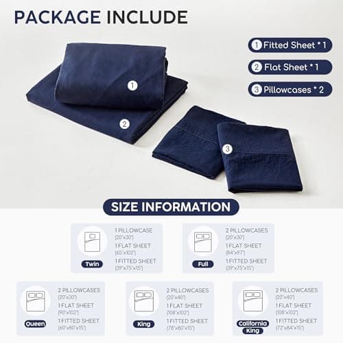 Tokokimo Washed Cotton-Linen Feel 4-Piece King Size Sheet Set for Busy Lifestyles – 10-16" Deep Pocket Bed Sheets with Natural Wrinkles, Quick-Dry, Breathable, Soft, Navy Blue - Thumbnail 6