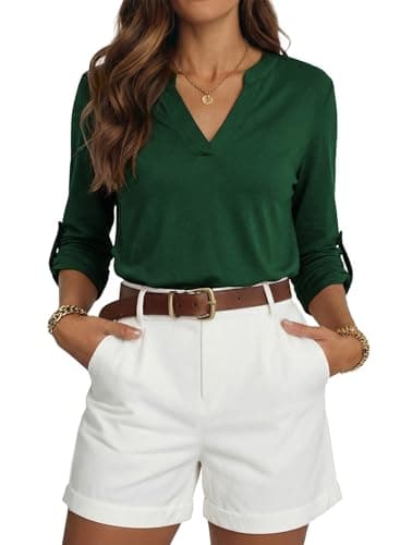 Dokotoo Boho Tops for Women Summer Clothes Spring Fashion Ladies Basic Cotton Blouse Cuffed 3/4 Long Sleeve Shirts V Neck Work Tops Tunic Office Business Casual Blouses for Teachers Green Small - Image 1