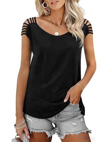 JUSTFASHIONNOW Cold Shoulder Tops for Women Cute Going Out T Shirts Cap Sleeve Tops Summer Crewneck Tees Casual Trendy Cut Out Shirt (Black,X-Large) - Thumbnail 3