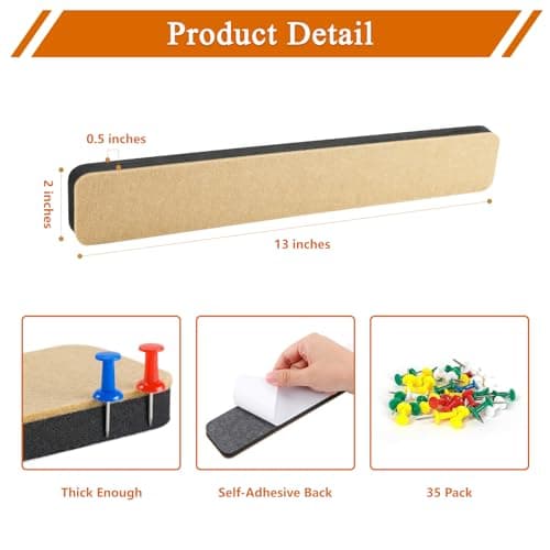 HULAVO 8Pcs Rectangle Felt Cork Board Bar Strips with 35 Pushpins, Self-Adhesive Bulletin Board Strips for Office School Home Wall Decor Stickers Memos Schedules Photos Display -Gradual Red - Thumbnail 5