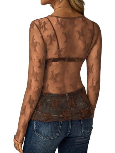 GKBK Womens Mesh Long Sleeve Tops Crew Neck Sexy See Through Tee Dressy Casual Shirts Party Club Night Lace Blouse Western Wear Outfit Clothes Going Out Clothing Brown XXL - Thumbnail 3