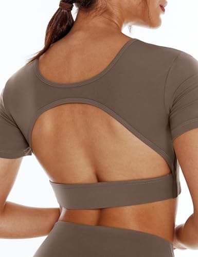 ENERBLOOM Open Back Workout Crop Tops for Women Backless Yoga Shirts Gym Short Sleeve Mild Support Compression Tee with Bra Medium Coffee - Image 1