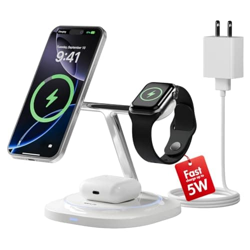 3 in 1 Magnetic Wireless Charger for Apple - Fast Charging Station Compatible with MagSafe for iPhone17-12, Apple Watch& AirPods, Phone and Watch Charger Stand for Desktop Bedside Nightstand (Ivory)