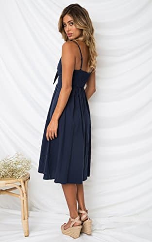 ECOWISH Women 2024 Summer Dresses Tie Front V-Neck Spaghetti Strap Button Down A-Line Backless Swing Midi Dress 572 Navy Blue L - Thumbnail 4