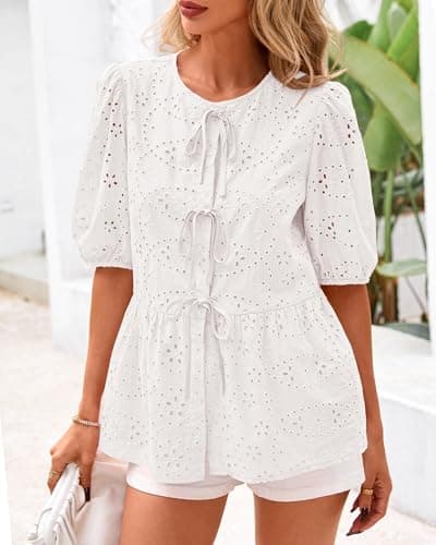 KIRUNDO Peplum Tops for Women 2026 Summer Eyelet Tie Front Blouses Casual Short Lantern Sleeve Cute Y2K Lace Babydoll Shirts(White, XX-Large) - Thumbnail 4