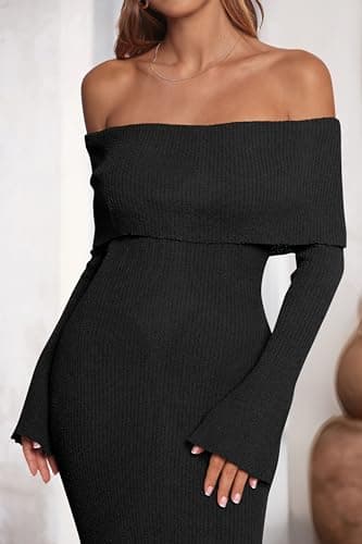 dowerme Women's Off The Shoulder Sweater Dress 2026 Formal Long Sleeve Bodycon Maxi Wedding Guest Dresses Spring Outfits(Black,Medium) - Thumbnail 4