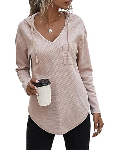 morhuduck Women's V Neck Hoodies Long Sleeve Sweatshirt Drawstring Pullover Tops with Pocket (Apricot L) - Image 1