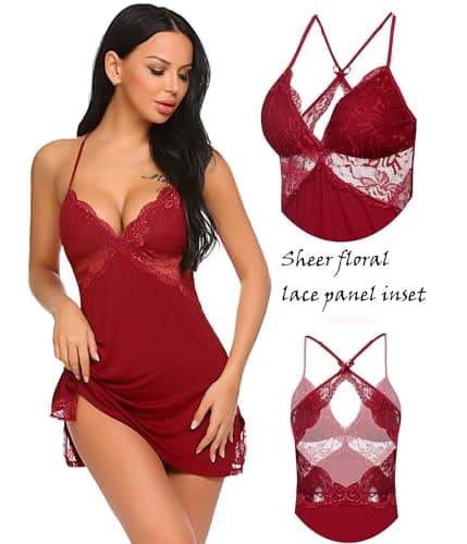 XJG Sexy Night Gowns for Women Babydoll Lingerie Dress Lace Trim Sleep Dress Chemise Nightgowns Side Split Nighty Dark Red - Thumbnail 4