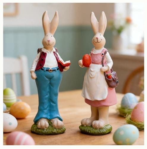DurableDelights Easter Bunny Figurines 6.1'' H – Hand Painted Resin Rabbit Couple Holding Book and Eggs, Easter Tabletop Decor for Home and Shelf, Charming Spring Easter Gifts - Image 1
