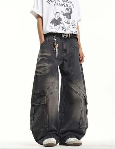 Men's Y2k Hip Hop Baggy Jeans Wide Leg Skater Pants Loose Fit Denim Pantalones Long Trousers Streetwear Rock Black - Thumbnail 6