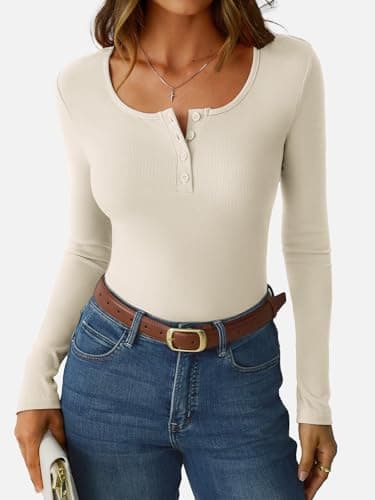 GKBK Ribbed Long Sleeve Tops for Women Henley Button Up Slim Fitted Tight Basic Tee Tshirts Cute Spring Fall Tops Blouse 2025 Trendy Outfits Beige XXL - Thumbnail 2