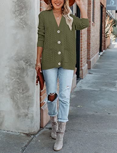 MEROKEETY Cardigan Sweater for Women 2026 Fall Winter Spring Cable Knit Button Up Open Front Long Sleeve Coat,ArmyGreen,XXL - Thumbnail 2