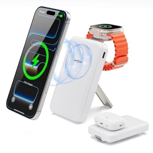 APTMAPT Magnetic Wireless Charger, 20W Fast Charging, MagSafe Charger with Stand, Travel Charging Station for iPhone 17/16/15/14/13/12, iWatch, Air pods, White - Image 1