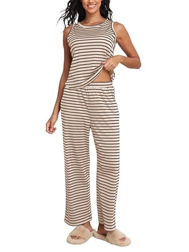 COCOMARTS Womens 2 Piece Lounge Sets Casual Striped Pajama Sets Sleeveless Tank Top and Wide Leg Pants Matching Outfits 2025 Apricot Small - Image 1