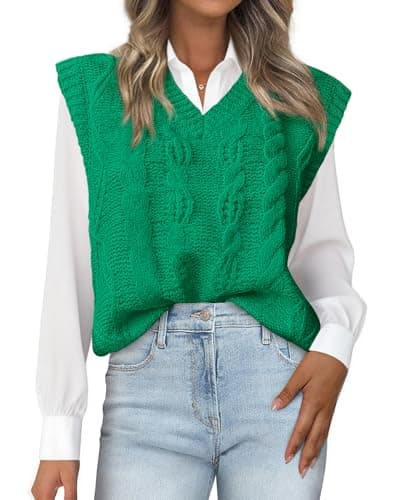 BTFBM Sweater Vest Women Oversized V Neck Cable Knit Casual Pullover Sweaters Fall Outfits 2025 Sleeveless Tops(Green, X-Large) - Thumbnail 2
