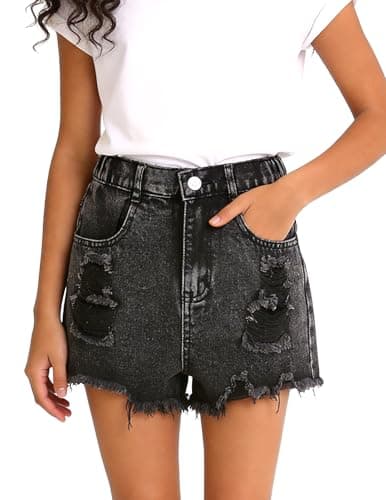 PATPAT Girls Ripped Jean Shorts 5-14Y, Y2K Vintage Mid Waist Straight Leg Denim Shorts with Elastic Waistband & Frayed Hem - Image 1