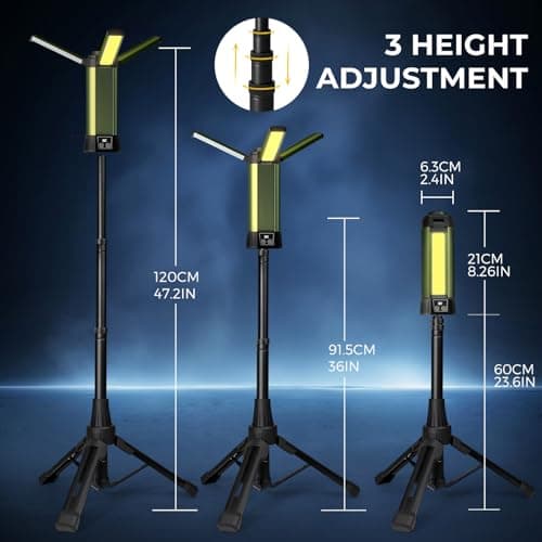 Geisofu Rechargeable Work Light with Stand, Outdoor LED Cordless Camping Light, Portable Telescopic Bracket, 6AH Battery 500/1000/2000 Lumen, 3500K/4500K/6500K, Construction Lights - Thumbnail 6