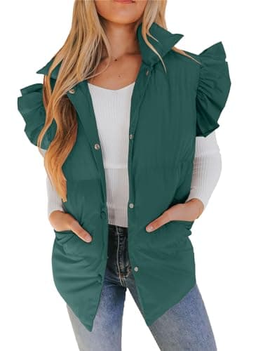 Valphsio Women's Puffer Vests Ruffle Sleeve Winter Button Down Padded Gilet with Pockets - Image 1