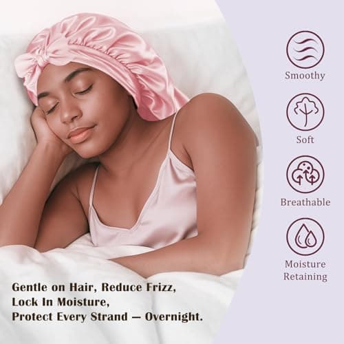 Long Hair Bonnet for Women, XL Silky Satin Sleeping Cap with Tie Band for Braids Curly Hair, Includes 10PCS Scrunchies Pink - Thumbnail 4
