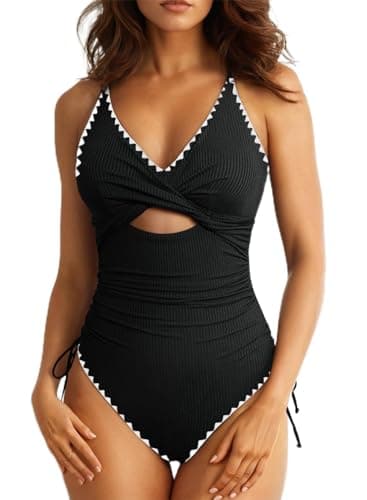 Aleumdr Women's High Cut One Piece Swimsuit Tummy Control Bathing Suit V Neck Cross Back Swimwear Shell Edge Black Medium - Image 1