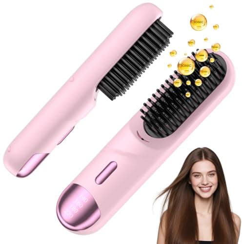 Go Brush Pro for Short Hair 2026 Hair Straightener Brush 300M Negative Ions, Portable Mini Hair Straightening Comb for Women with 4 Temps Fast Heating Smooth Frizz Hair Travel Gift Pink - Image 1