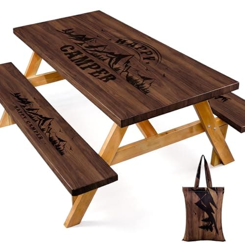 Picnic Table Cover with Bench Covers and Bag, 72in Camping Tablecloth, Waterproof Windproof Elastic Edges Fitted Rectangle Tables RV Gear Campers Must Have(Brown） - Image 1