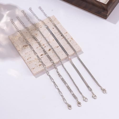 Alegend Bracelet Set 14K Silver Plated Multiple Classic Chain Types Paperclip, Twisted,Cuban,Snake Bone,O-Chain Lobster Clasp Adjustable Extender - Thumbnail 5