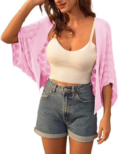 Women's 2024 Batwing Crochet Open Front Summer Shrug Cardigan Pastel Pink M - Image 1