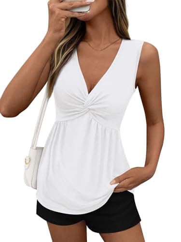 BTFBM Babydoll Tops for Women 2026 Trendy Spring Summer Outfits Twist Front V Neck Peplum Flowy Tank Tops Dressy Casual(White, X-Small) - Image 1