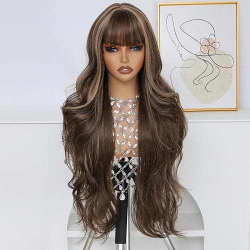 Barbique Highlight Brown Long Wavy Wig with Bangs for Women, Heat Resistant Synthetic Hair, Ombre Blonde Curly Wig for Daily Party Cosplay Use,Glueless Ready to Wear Beginner Friendly - Image 1