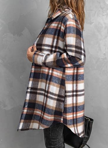 EVALESS Color Block Plaid Shacket Jacket Womens Fall Clothes Fashion 2025 V Neck Outfits Long Sleeve Jackets for Women Button Down Flannel Shirts Loose Cardigans Coats With Pockets Blue X-Large - Thumbnail 3