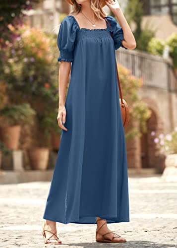 KIRUNDO Women 2026 Summer Maxi Dress Casual Loose Puff Sleeve Square Neck Maternity Flowy Long Beach Dresses with Pockets(Dark Blue, X-Large) - Thumbnail 3