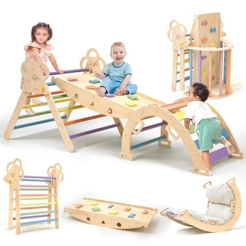 VENSEEN Baby Pikler Triangle Set with Cushion, 9-in-1 Foldable Wooden Climbing Toys for Toddlers, Indoor Montessori Jungle Gym Set for Kids Birthday Gift - Image 1