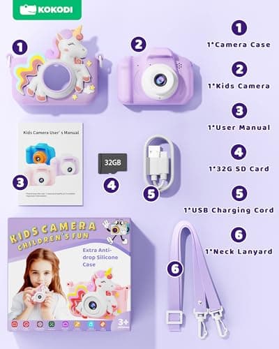KOKODI Kids Camera Toy Digital Camera for Kids, Birthday Gifts for Girls Age 3-12, 1080P HD Video Camera for Toddler, Unicorn Children Toys for 3 4 5 6 7 8 9 Year Old Girls with 32GB SD Card (Purple) - Thumbnail 5