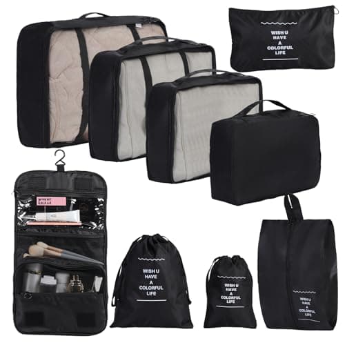 9 Set Packing Cubes for Travel Essentials, Suitcase Organizer Bags for Airplane Road Trip Camp - Black - Image 1