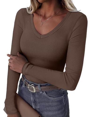 GKBK Women Long Sleeve V Neck Ribbed Knit Slim Fitted Shirts Basic Tee Cute Tshirts Going Out Tops 2025 Fall Winter Casual T Shirts Blouse Outfits Work Fashion Trendy Clothe Brown M - Image 1
