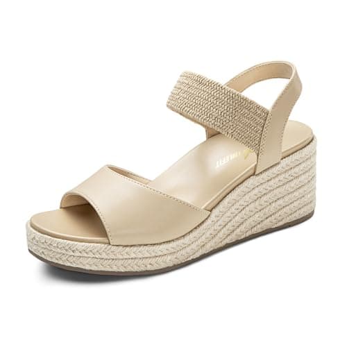 Athlefit Platform Wedge Sandals for Women Comfortable Espadrille Dressy Casual Elastic Strap Open Toe Nude Sandals with Arch Support for Summer Wedding Vacation Size 9 - Image 1