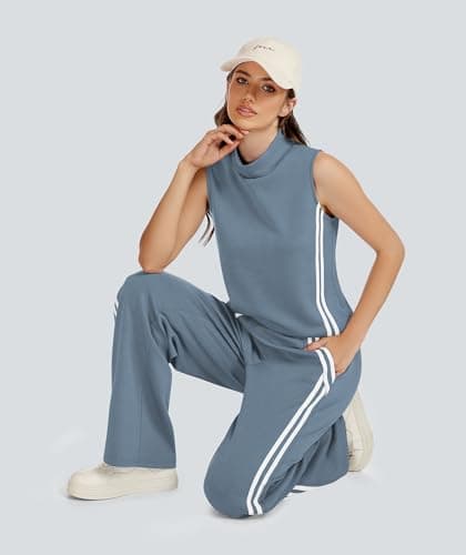 Casly Lamiit Lounge Wear for Women 2 Piece Set Travel Outfits Casual Sweat Suit Track Activewear Mock Neck Sleeveless Top Wide Leg Pants Grey Blue S - Thumbnail 6