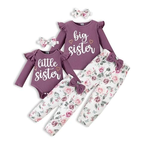 FAMIHAO Big Sister Little Sister Matching Outfits Rib Knit Ruffle Long Sleeve Shirt Floral Pants Headband Toddler Girl Clothes 3Pcs,2-3Y Purple - Image 1