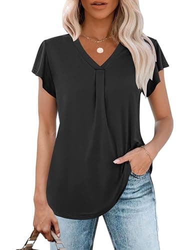 WNEEDU Womens Tops Summer Cute Blouses V Neck Dressy Tshirts Short Sleeve Shirts Black - Image 1
